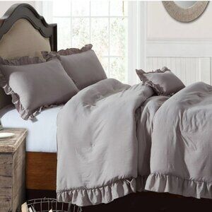 NWT Ruffle Duvet Cover Set King 3 PCs 100% Washed Cotton Gray Solid Bedding